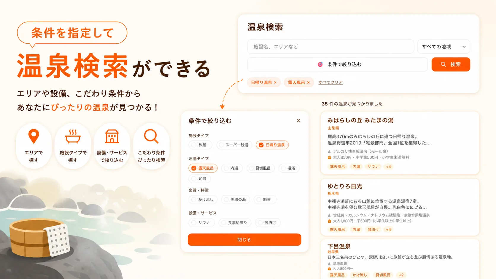 温泉を探すの画面
